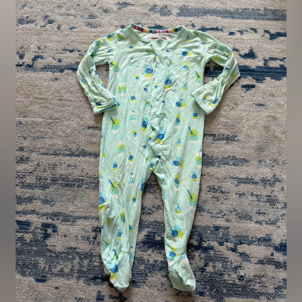 Magnetic Me Light Green Footed Pajamas with Blue and Lime Dot Print